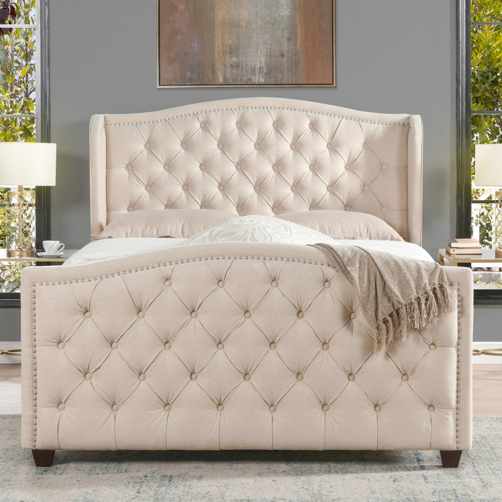 Marcella Upholstered Tufted Shelter Wingback Panel Bed, Sky Neutral Beige Polyester, Queen