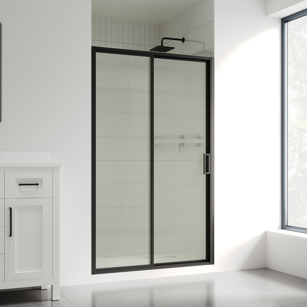 Stanford Sliding Fluted Alcove Shower Door, Black, Fluted Glass, 48"