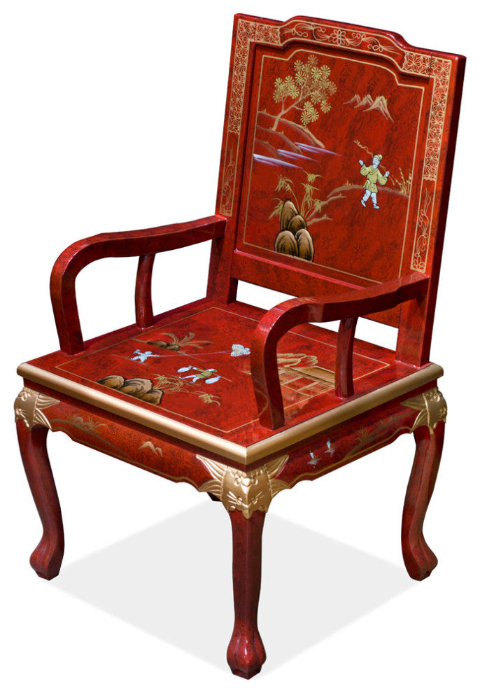 Red Queen Anne Chinoiserie Scenery Oriental Arm Chair