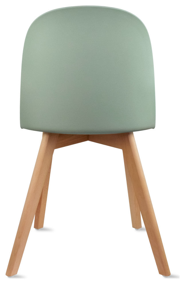 Set of 4 Modern Dining Side Chairs Molded Plastic With Round Back Wooden Legs, Green