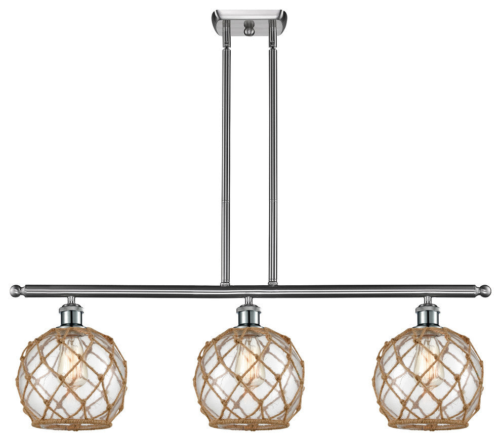 Farmhouse 3-Light Island-Light,  Brushed Satin, Clear Glass With Brown Rope