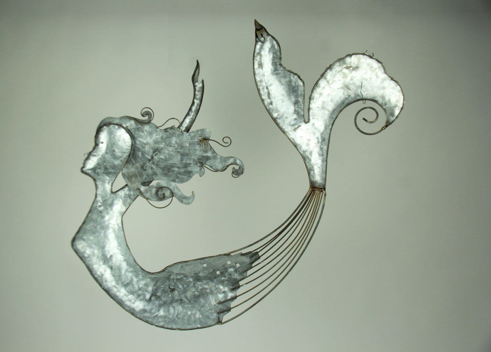 Distressed Metal Art Swimming Mermaid Wall Sculpture