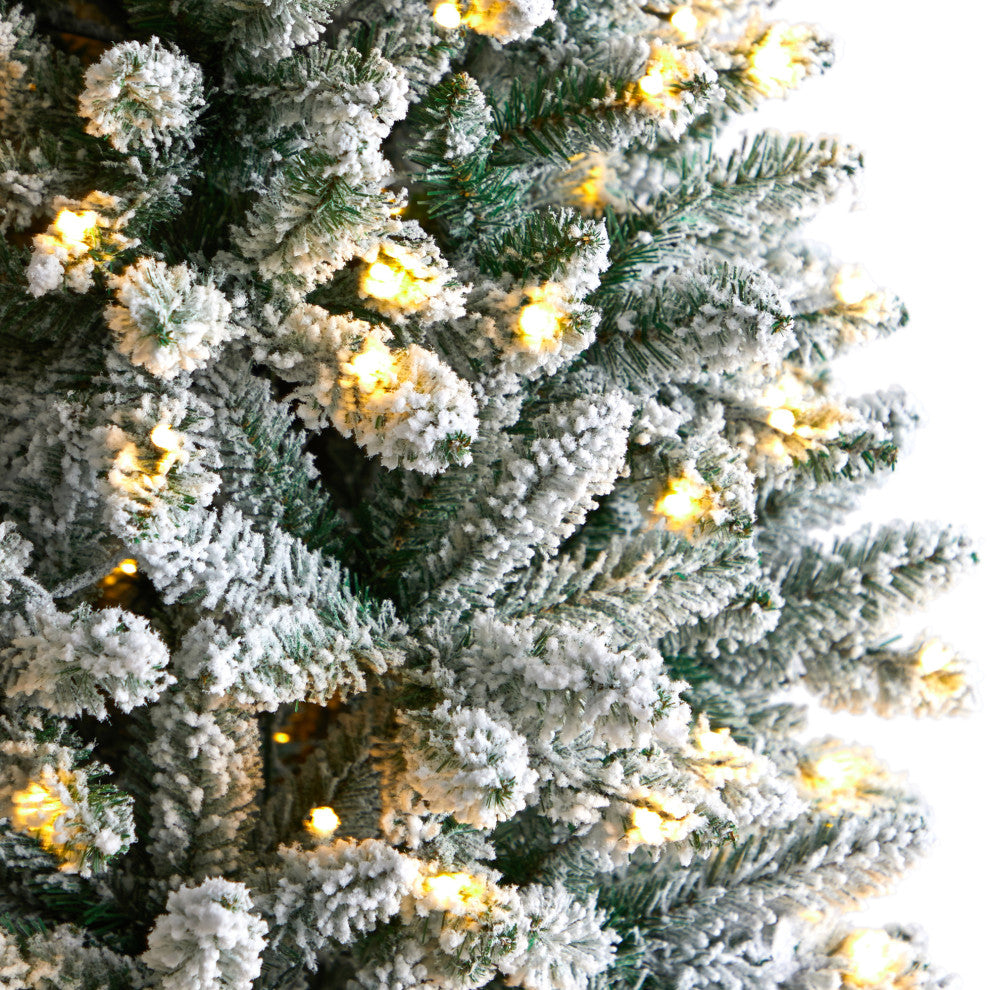 8' Slim Flocked Montreal Fir Faux Xmas Tree W/ White Lights & Bendable Branches
