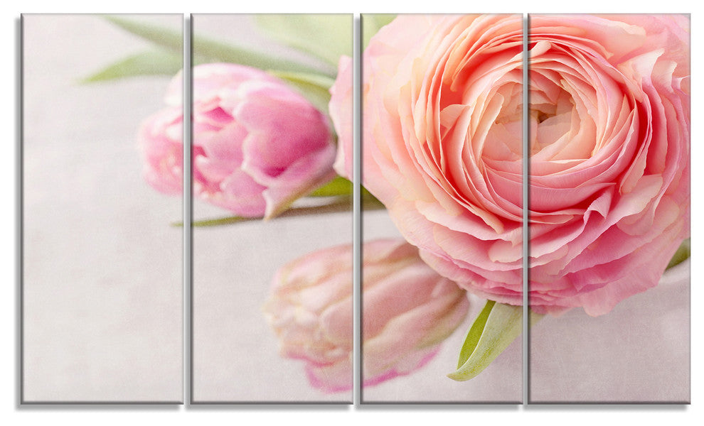 Full Bloom and Blooming Flowers, Floral Canvas Print, 48"x28", 4 Panels