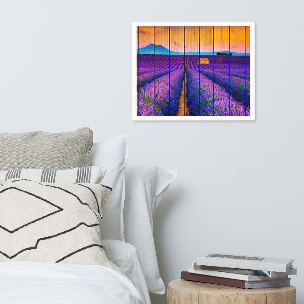 Faux Wood Lavender Fields and Sunset Landscape Framed Photo Paper Wall Art Print, White, 16" X 20"