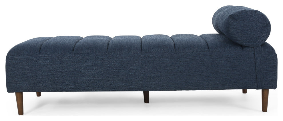 Holmwood Mid Century Modern Fabric Tufted Chaise Lounge With Bolster Pillow, Navy Blue/Natural Walnut