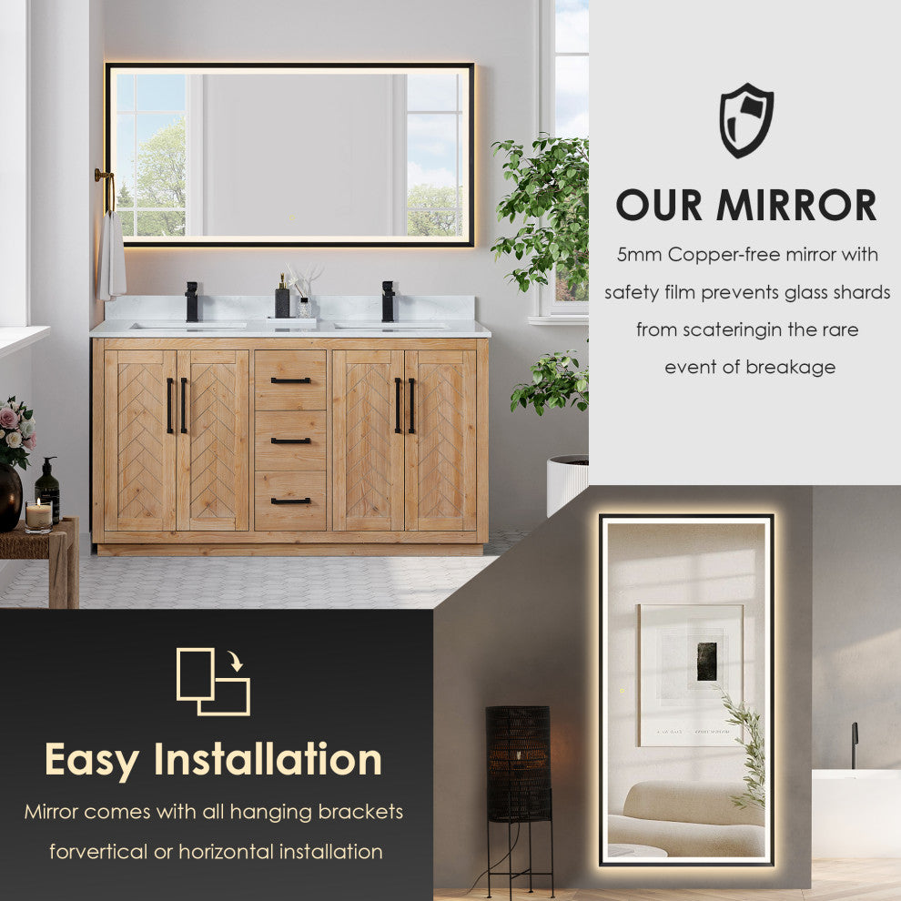 Anais Vanity Grain White Engineered Stone Countertop, Light Brown, 72", With Mirror