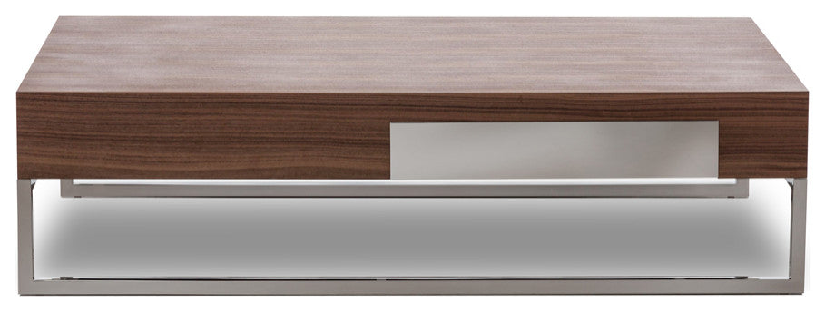 HomeRoots 13" Walnut Veneer Steel and Glass Coffee Table