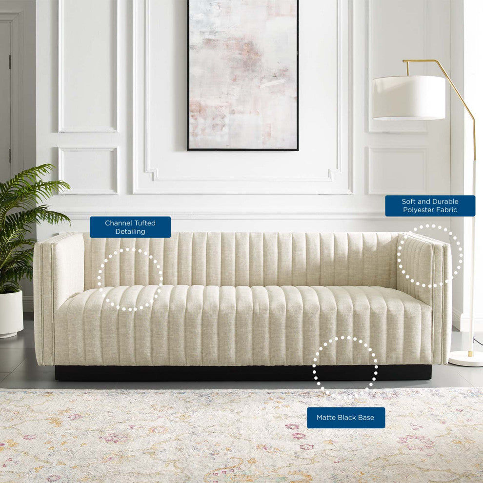 Tufted Sofa, Fabric, Beige, Modern, Living Lounge Room Hotel Lobby Hospitality