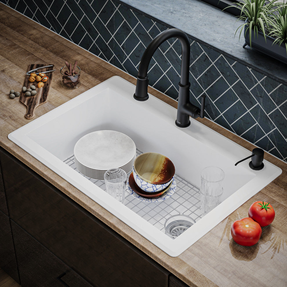 Karran Drop-In Quartz 33" 1-Hole Single Bowl Kitchen Sink Kit, White