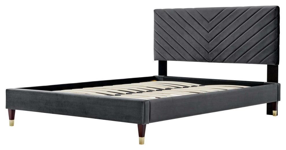Platform Bed Frame, Queen Size, Charcoal Gray, Velvet, Modern, Guest Suite