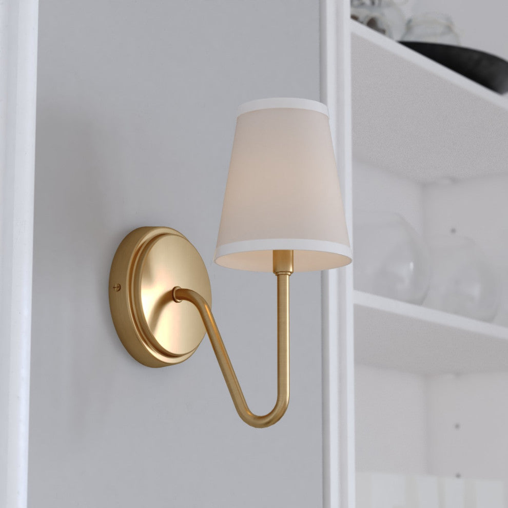Briar 1-Light Traditional Wall Sconce White Linen Shade, Muted Brass