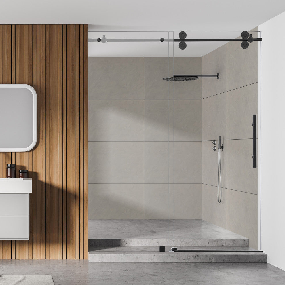 Lazaro Single Sliding Frameless Shower Door, Clear, Matte Black, 60"wx78"h