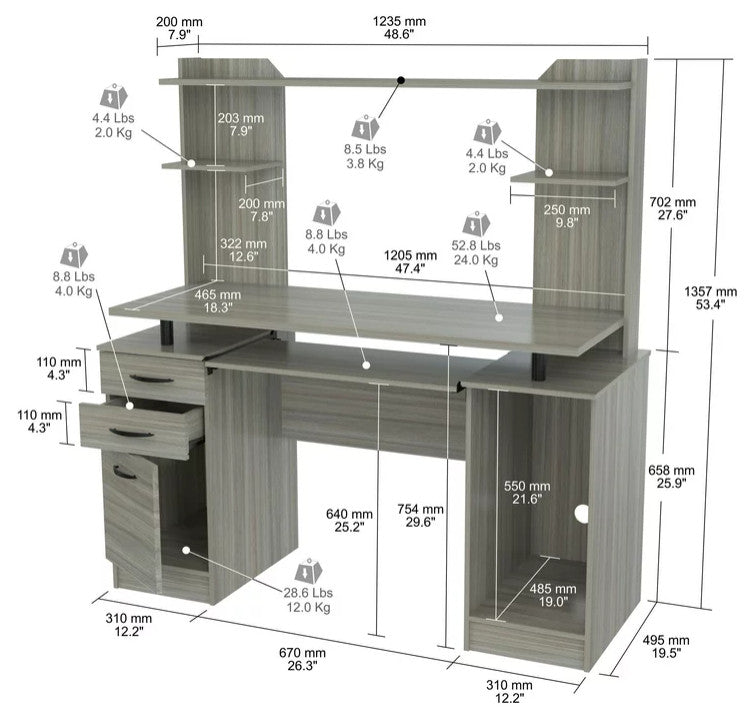 Modern Desk, Open Comparments With Storage Drawers & Metal Handles, Smoke Oak