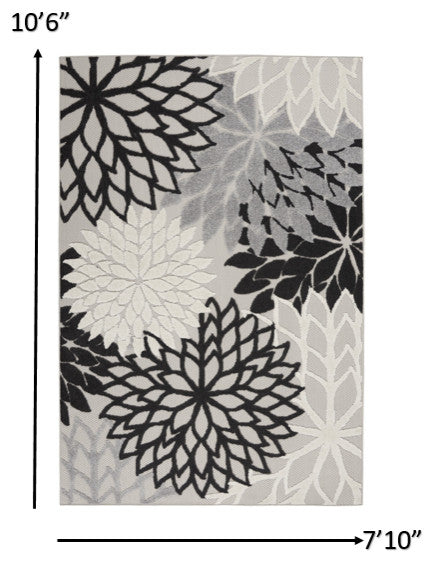 8' X 11' Black And White Floral Indoor Outdoor Area Rug