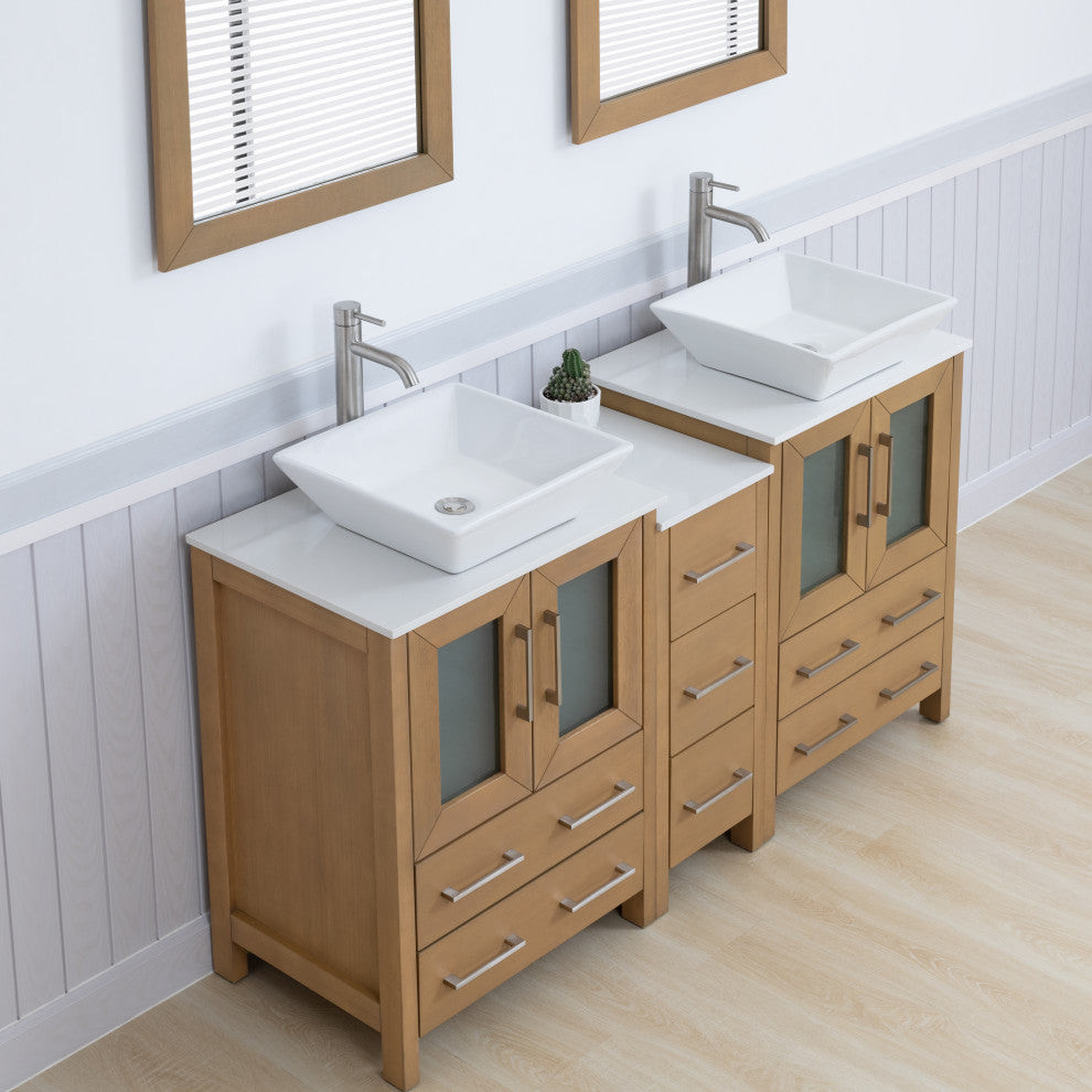 Vanity Art Bathroom Vanity Set With Sink, Natural Oak, 60", Standard Mirror