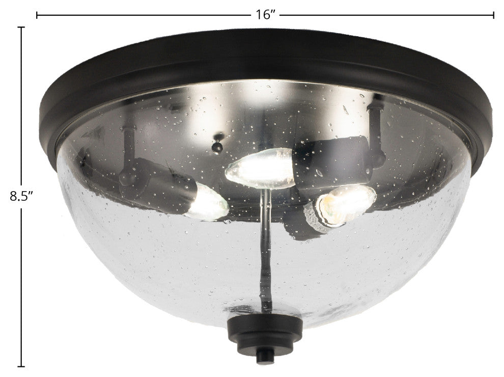 16" 3-Light Flush Mount Light, Matte Black/Clear Bubble