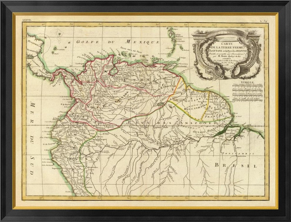 "Terre Ferme, Guyane, Amazones, 1785"  by Rigobert Bonne, 40x31"