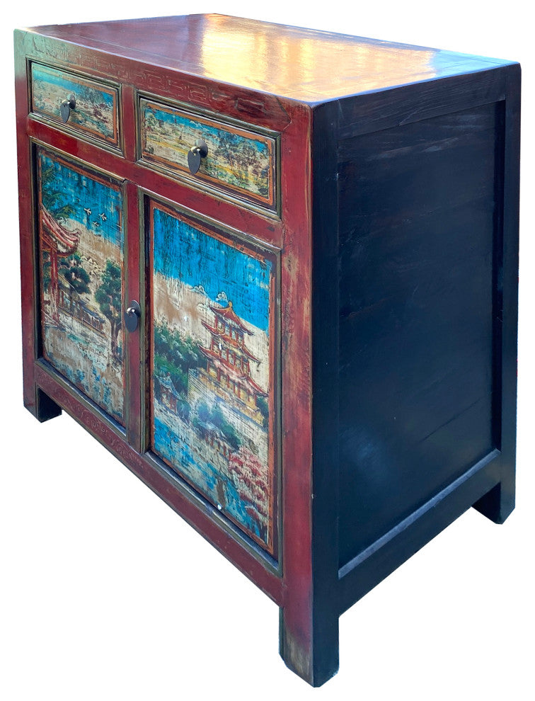 Chinese Distressed Red Blue Old Scenery Graphic Credenza Cabinet Hcs7393