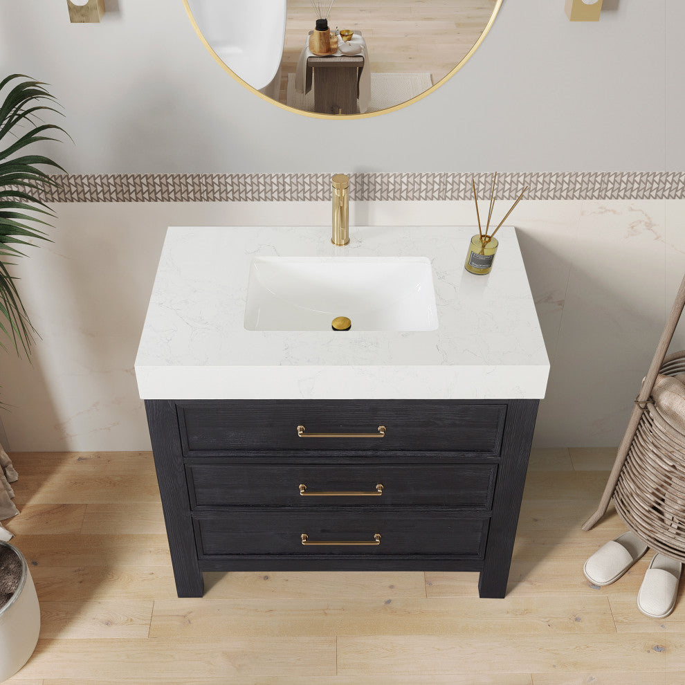 Leon Bath Vanity With Composite Stone Top, Fir Wood Black, 36", With Mirror