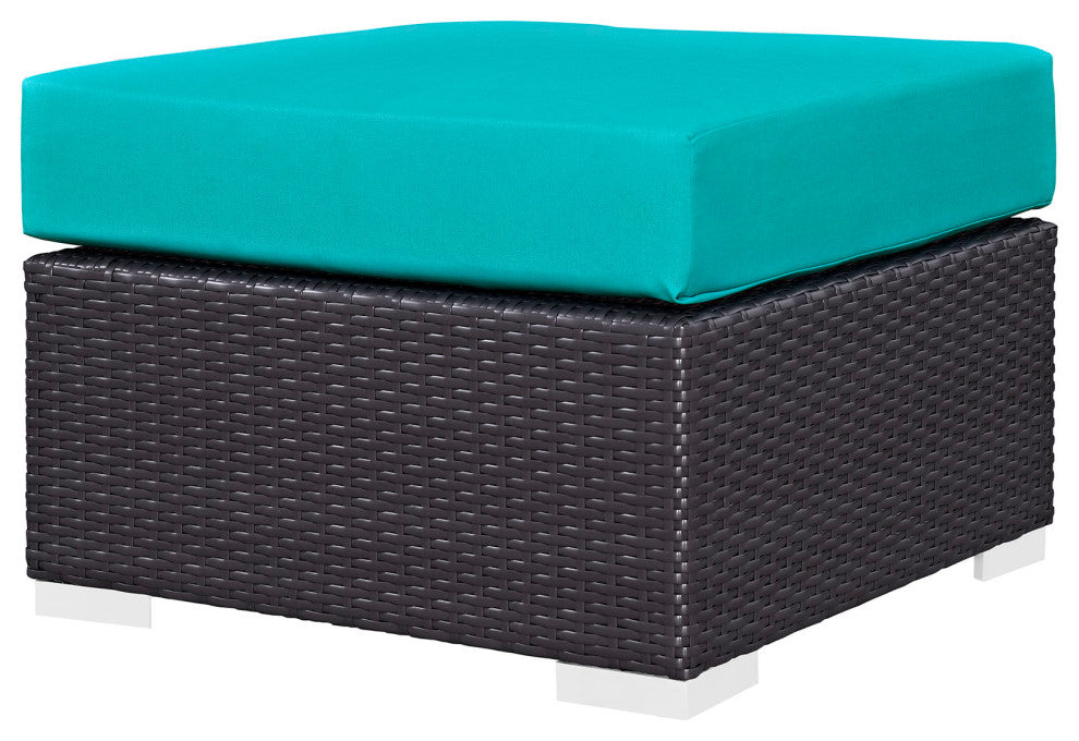 Lounge Sectional Sofa and Table Set, Rattan, Wicker, Dark Brown Blue, Outdoor