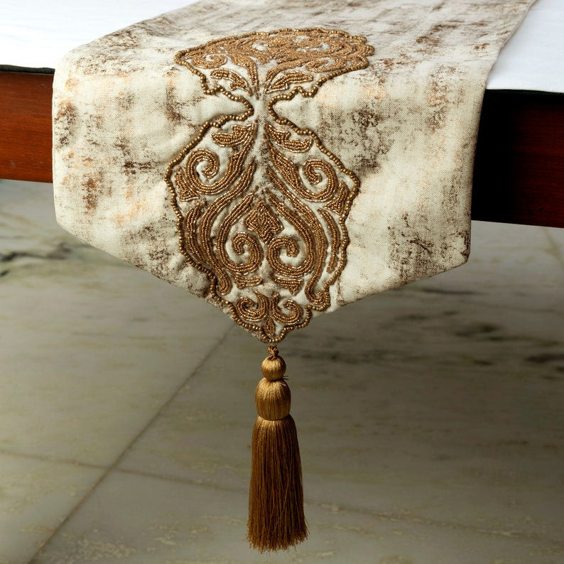 Table Runner Gold Silk 16"x108", Zardozi Damask, Foil Tassels, Aurelian Royalty