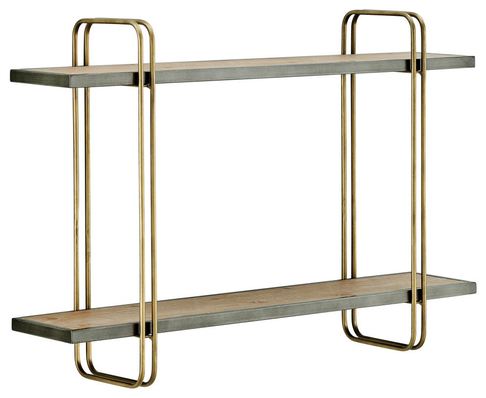 Danya B. Two-Tier Warm Gold and Washed Oak Brown Hanging Wall Mounted Shelf