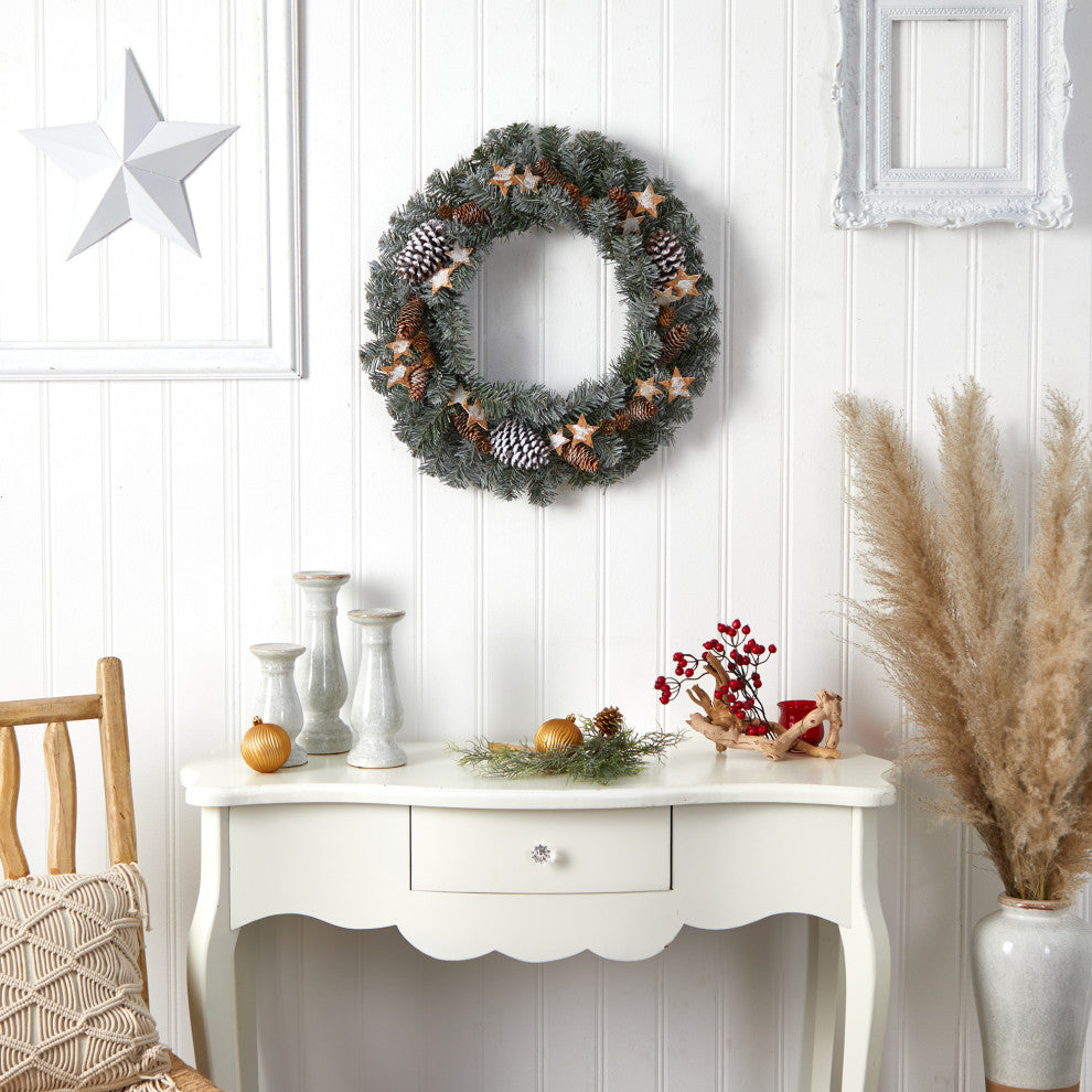 W1260 24 Christmas Winter Frosted Stars and Pinecones Holiday Wreath