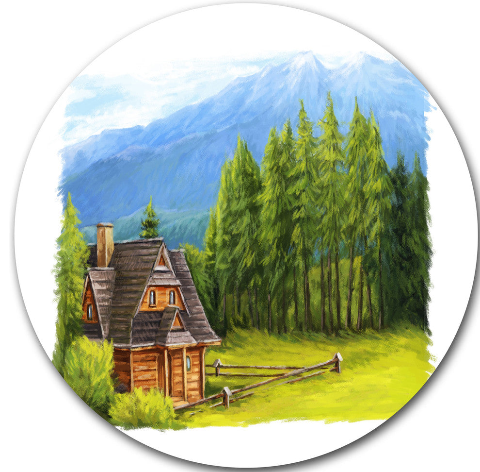 Small Wooden Home In Mountains, Landscape Disc Metal Wall Art, 23"