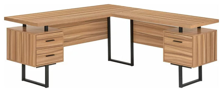 Modern L-Shaped Desk, Large Floating Top With Spacious Drawers, Brown