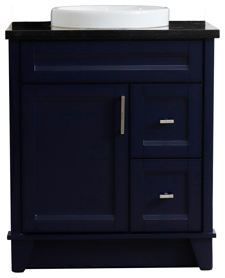 31" Single Sink Vanity, Blue Finish With Black Galaxy Granite With Round Sink