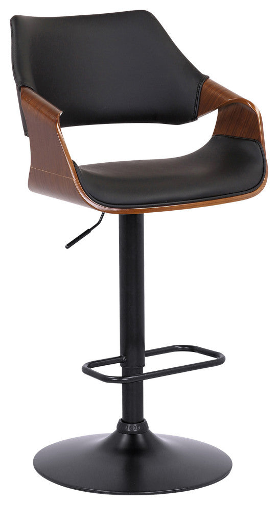 Black Faux Leather and Walnut Wood and Black Swivel Adjustable Bar Stool