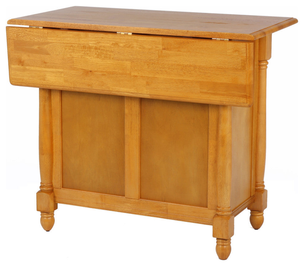 Light Oak Extendable Kitchen Island With Drop Leaf Top, Drawers And Cabinet