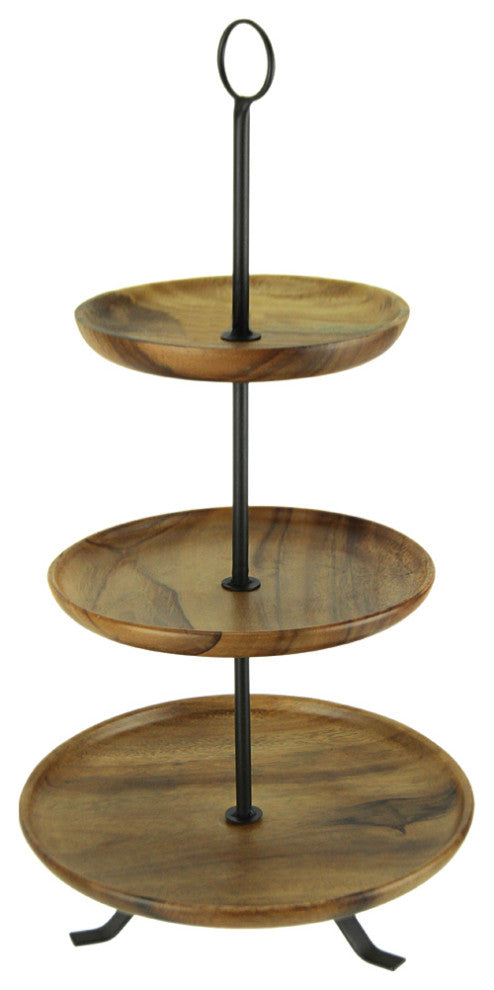 Rustic Round Wood Standing 3 Tiered Serving Tray