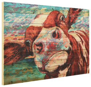 "Curious Cow" Wall Art Digital Print on Solid Wood, 45"x1.5"x30"