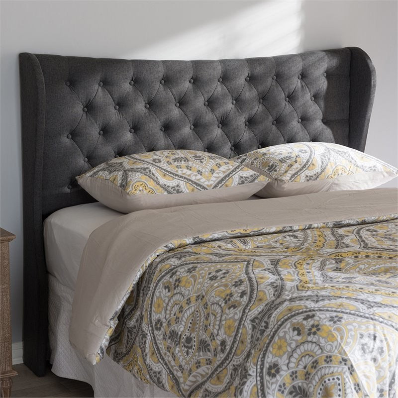 Cadence Modern Dark Gray Fabric Button-Tufted King Size Winged Headboard