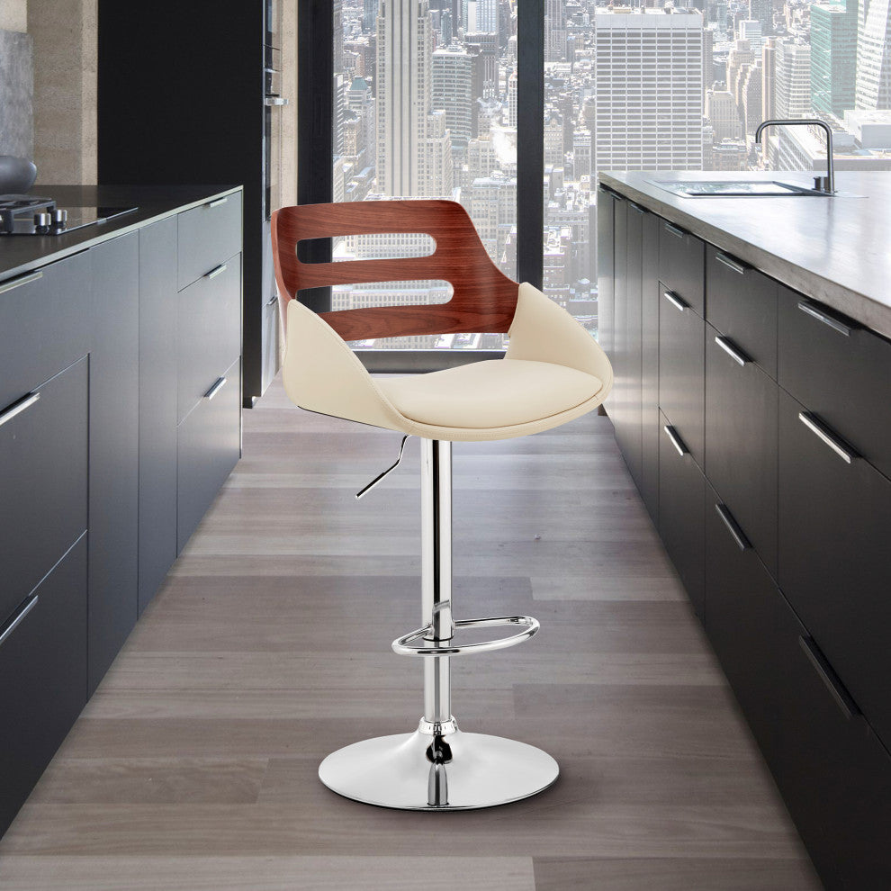Karter Adjustable Faux Leather/Wood Barstool, Cream and Walnut With Chrome Base
