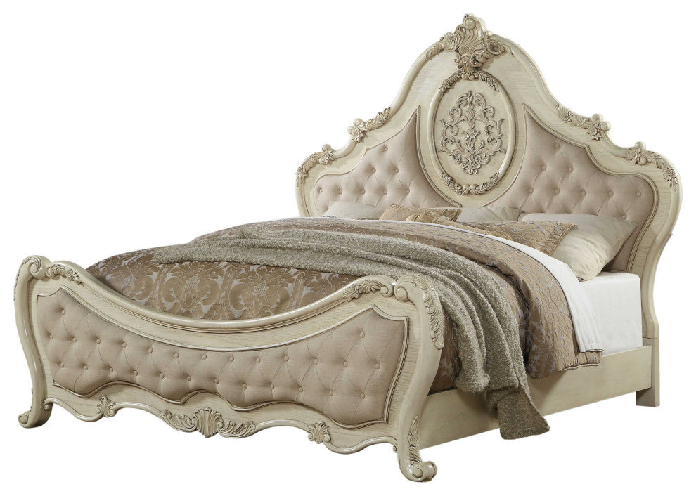 HomeRoots 73" X 89" X 76" Beige Linen Antique White Wood Upholstery Queen Bed