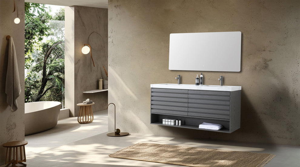 Matera Wall Mount Modern Bathroom Vanity, Charcoal, 60", White Countertop