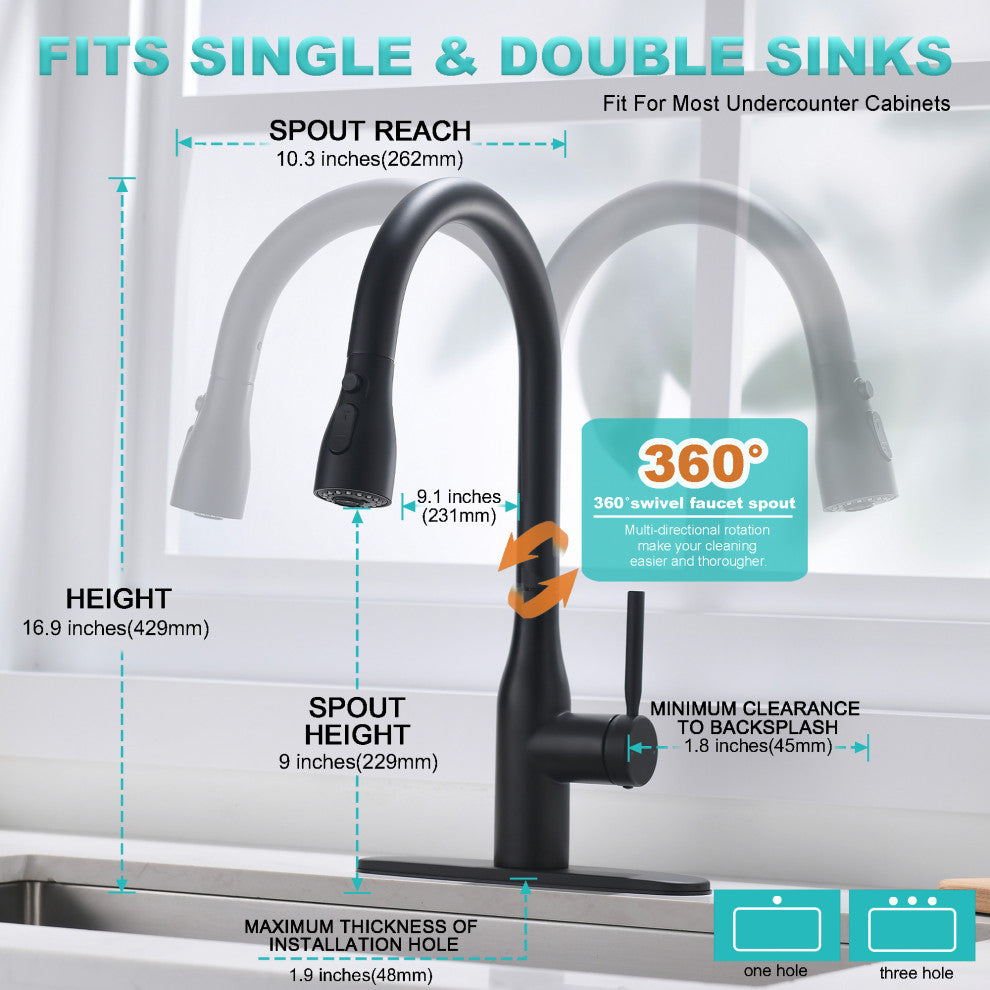Pull Down Touchless Single Handle Kitchen Faucet with Deck Plate, Matte Black