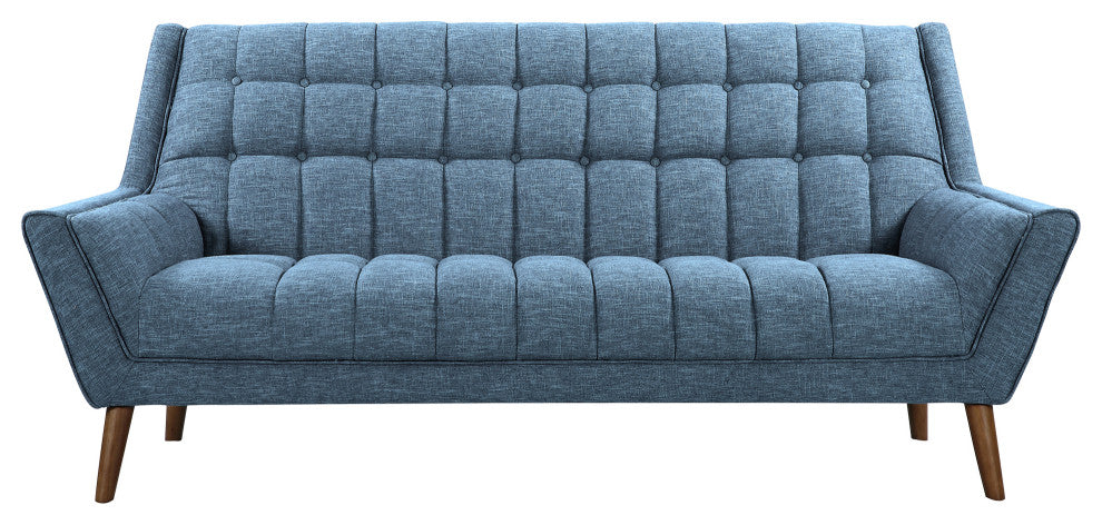 Cobra Mid Century Modern Sofa, Blue Linen and Walnut Legs