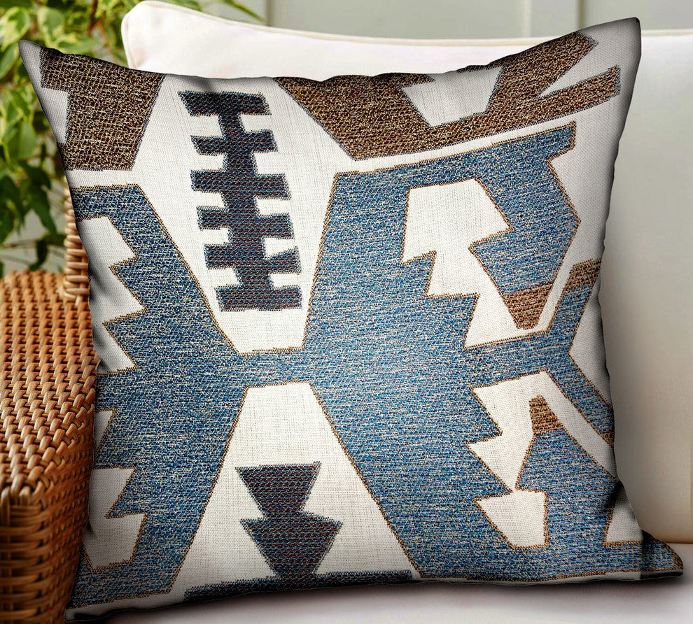 Plutus Wild Chumash Blue Brown Geometric Outdoor/Indoor Pillow, 16"x16"