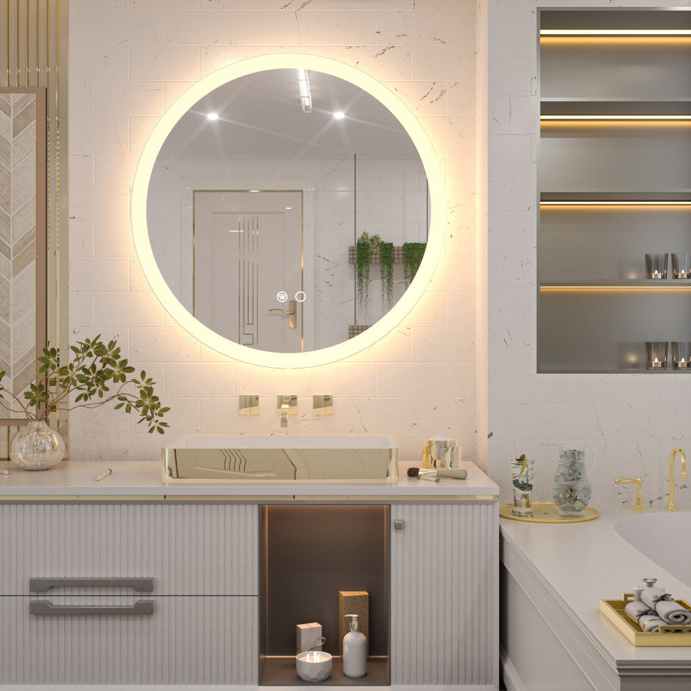 Round LED Bathroom Mirror With Front Lights, Anti-Fog/Dimmable, 36" Diameter