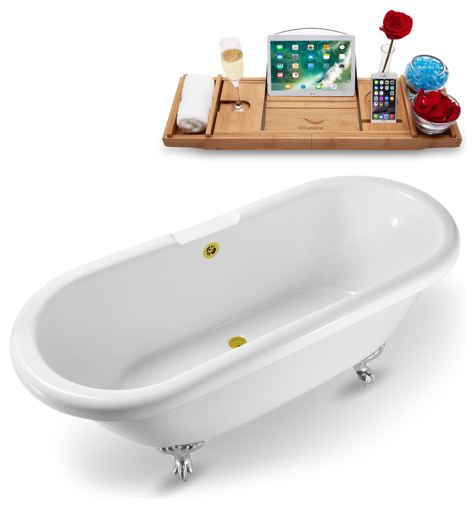 67" White Clawfoot Tub and Tray, Chrome Feet, Gold External Drain