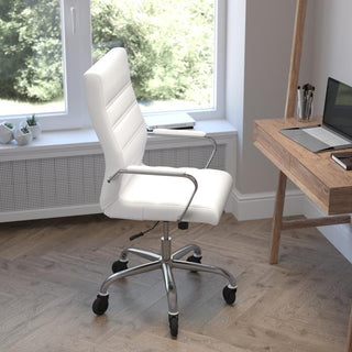 Whitney High Back Executive Swivel Office Chair with Black Frame & Arms, White Leathersoft/Chrome Frame
