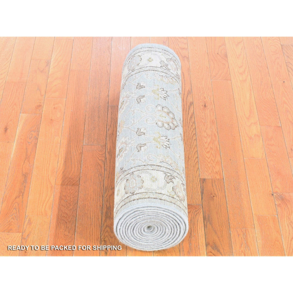 Faded Green, Fine Peshawar, Pure Wool Hand Knotted XL Runner Rug, 2'7"x15'10"