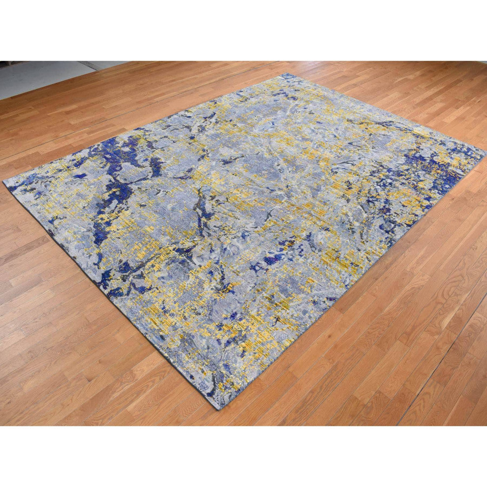 Laguna Yellow, Modern Design, Silk With Wool, Hand Knotted Rug, 8'10"x12'5"