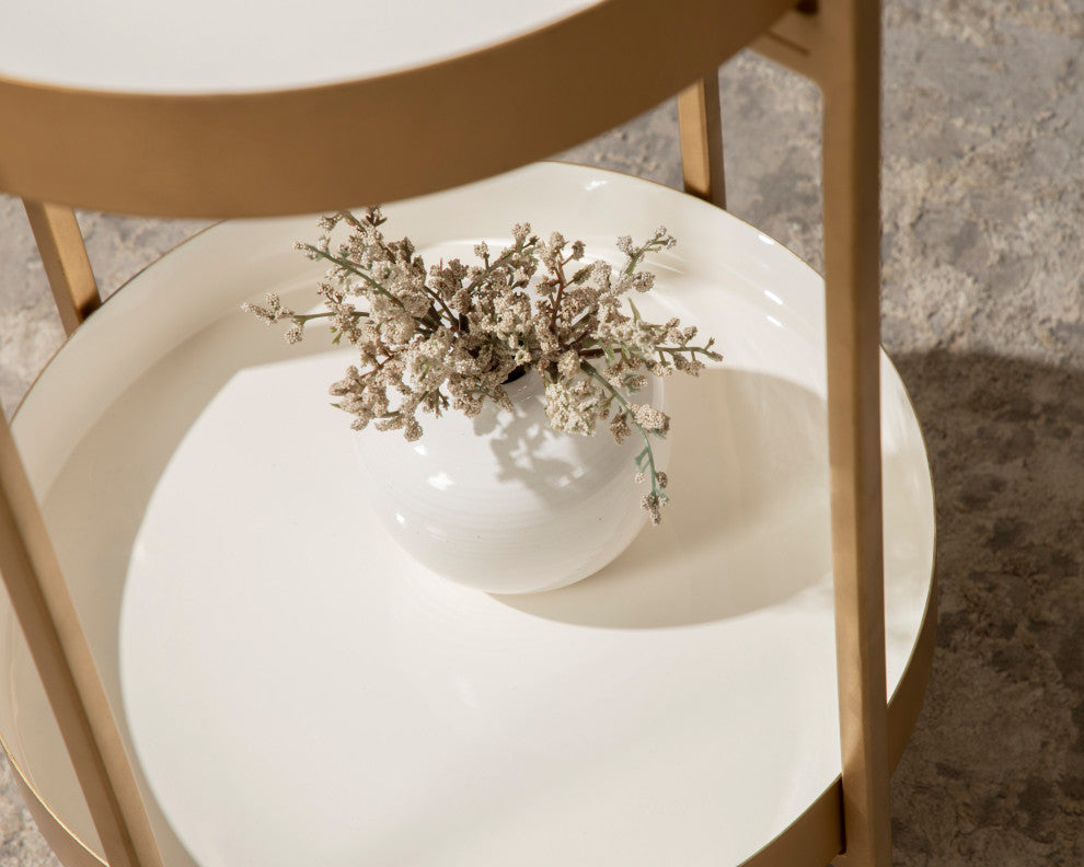 Nira Two-Tiered Metal Side Table, White/Gold 15x15x24
