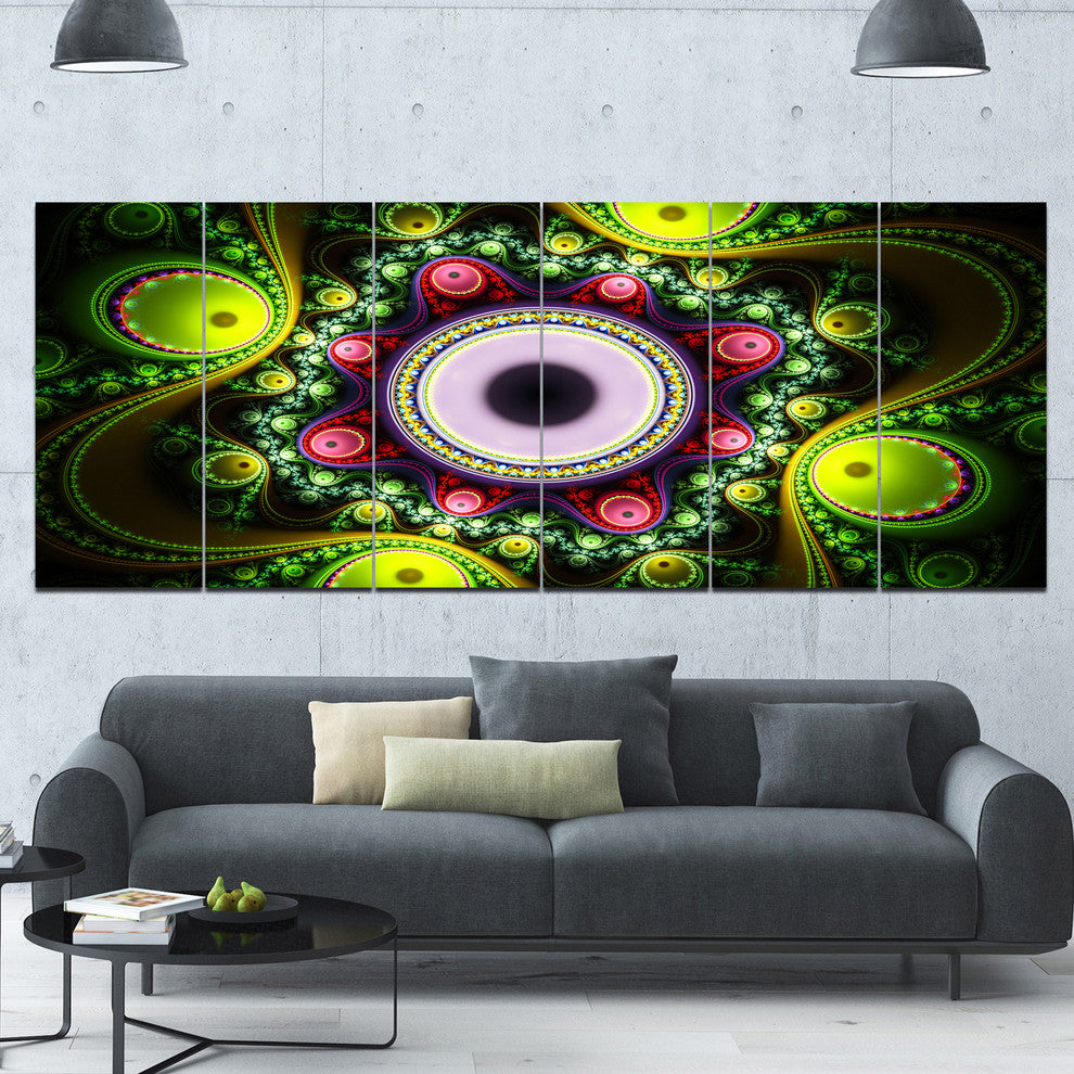 Green on Black Pattern with Circles, Abstract Canvas Print, 70"x28", 6 Panels