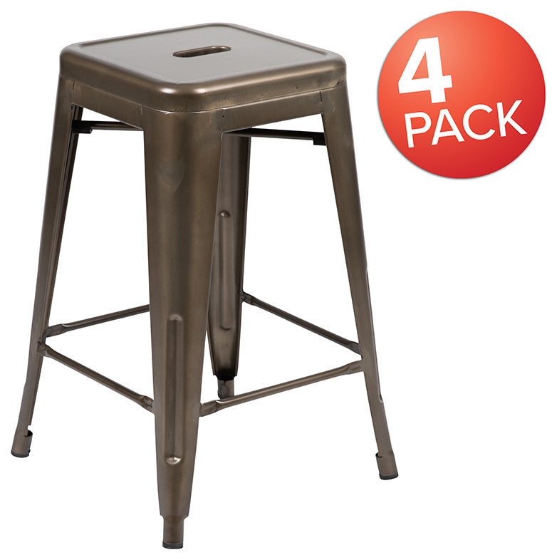 24" High Metal Indoor Bar Stool, Gun Metal Gray, Stackable Set of 4